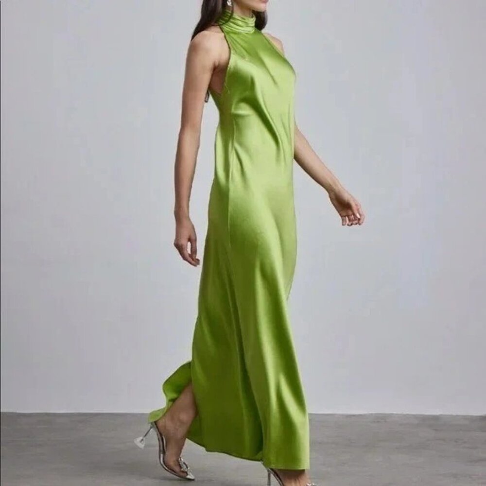 NWT Silk Maison Halter Silk Maxi Dress green sz S $199 - Picture 2 of 9